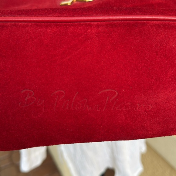 Paloma Picasso Red Suede Handbag Double Shoulder Strap Versatile - Picture 7 of 11